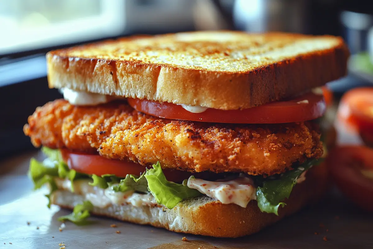 Close-up of a crispy chicken sandwich on toasted white bread with lettuce, tomato, and mayonnaise.