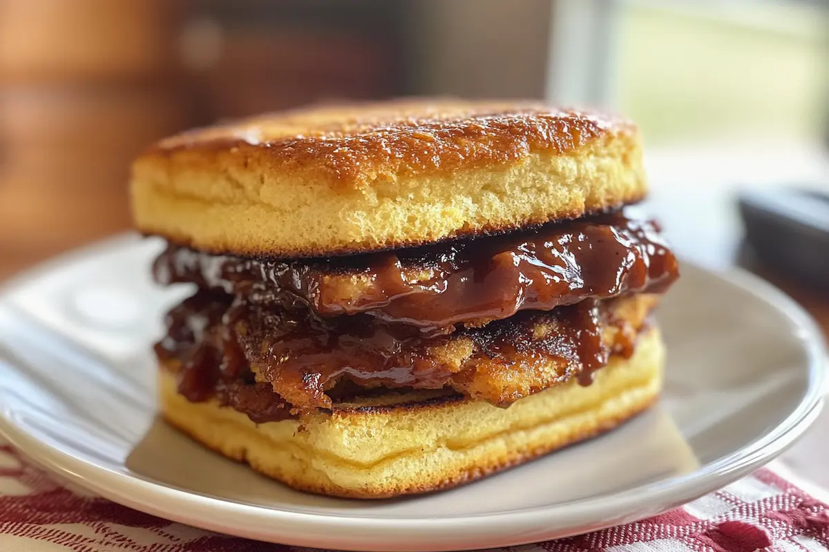 A close-up photograph of a sandwich with two pieces of fried chicken and barbecue sauce between slices of cornbread.