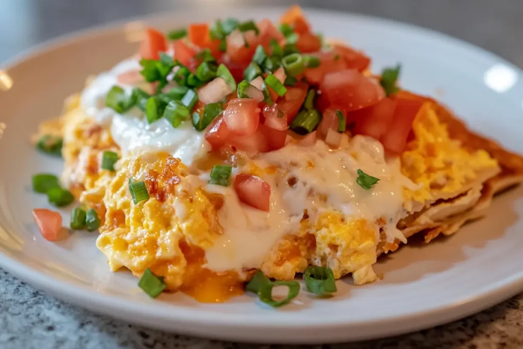 Scrambled eggs, cheese, and toppings sit on a tortilla on a white plate.