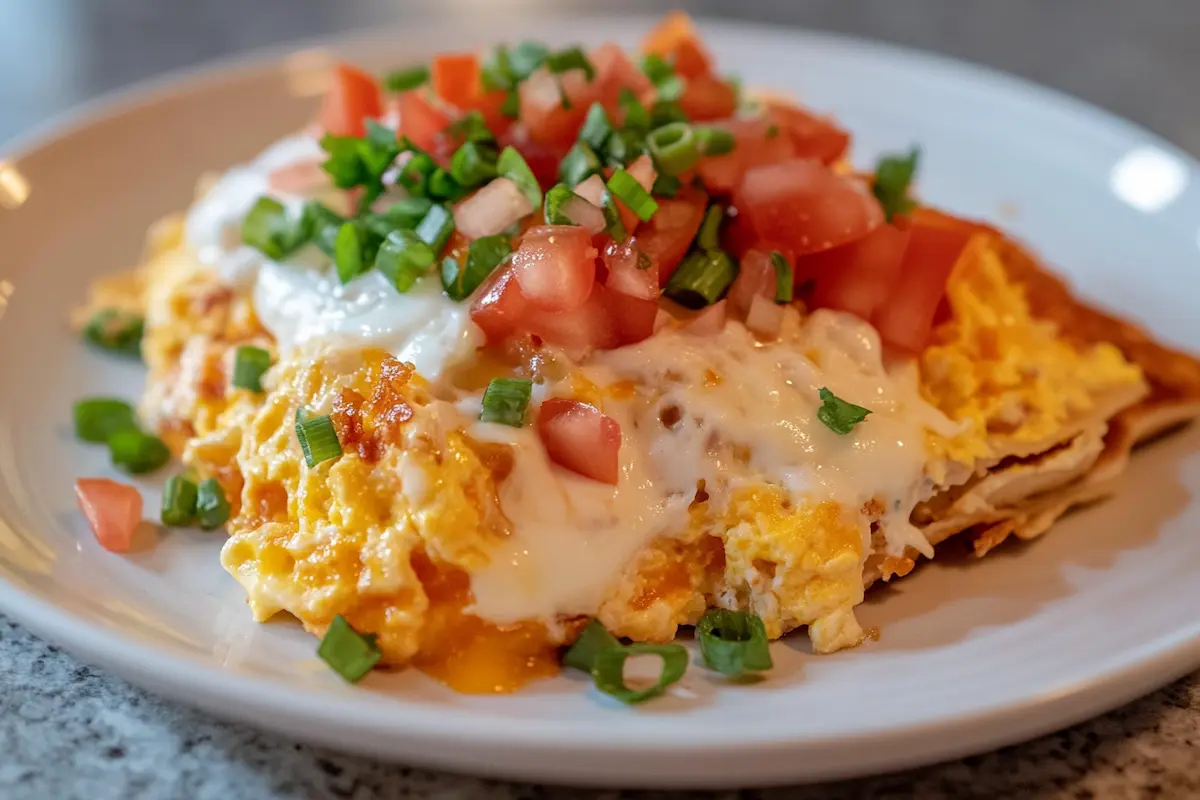 Scrambled eggs, cheese, and toppings sit on a tortilla on a white plate.