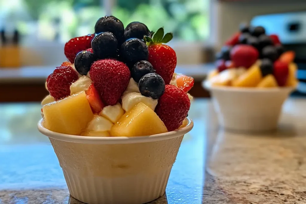 A small white bowl is filled with chunks of pineapple topped with dollops of white cream or yogurt, strawberries, and blueberries.