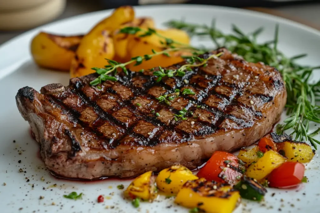 Grilled steak on a white plate with roasted vegetables and herbs.