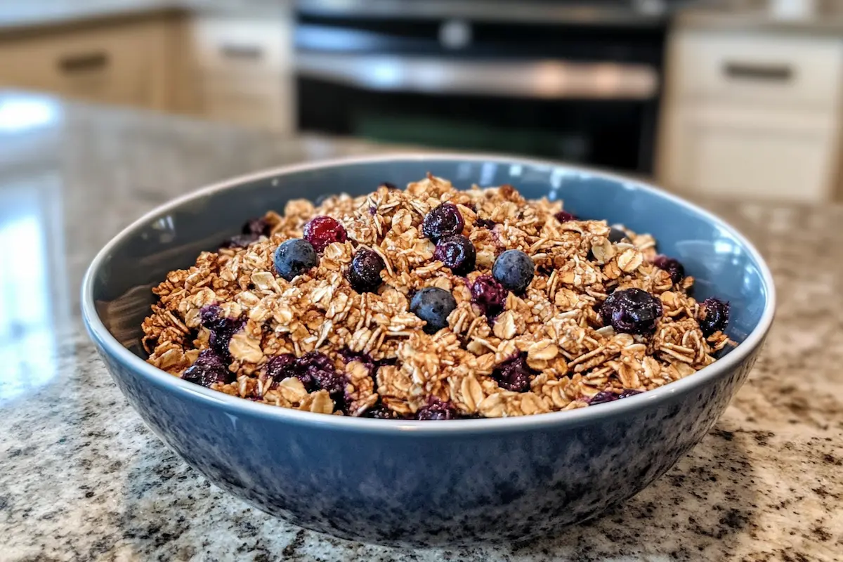 A gray bowl filled with granola and topped with blueberries sits on a kitchen counter.