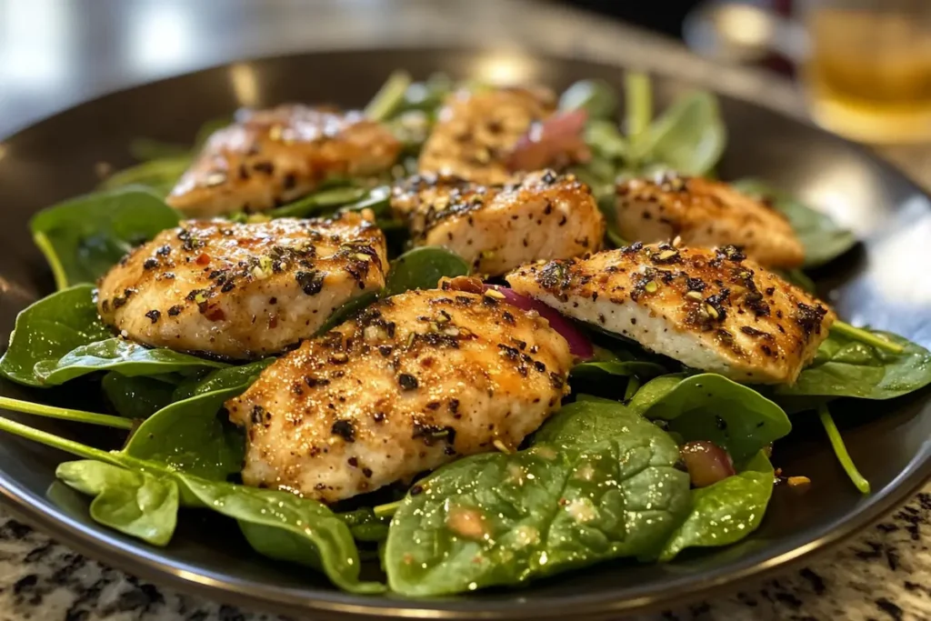 Seasoned chicken pieces are served on a bed of fresh spinach.