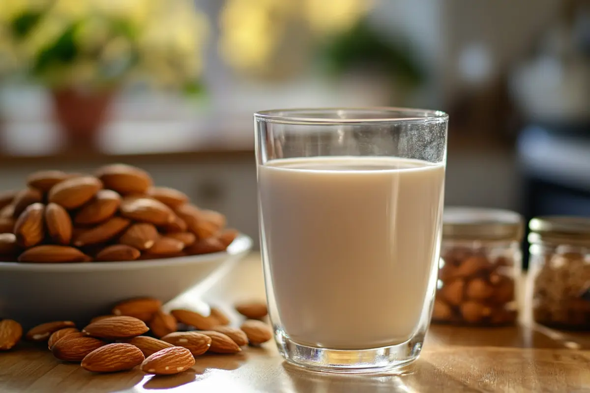 A glass of almond milk sits on a table next to a bowl of almonds.