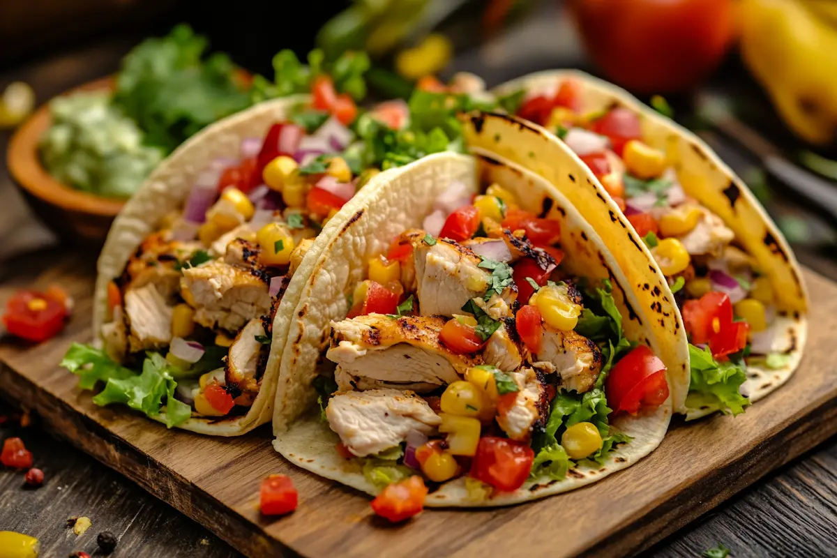 Three chicken tacos topped with corn, tomato, red onion, and cilantro sit on a wooden cutting board.