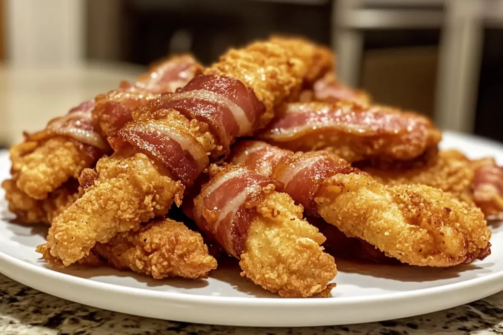 Crispy, golden-brown chicken tenders are wrapped in strips of juicy bacon.