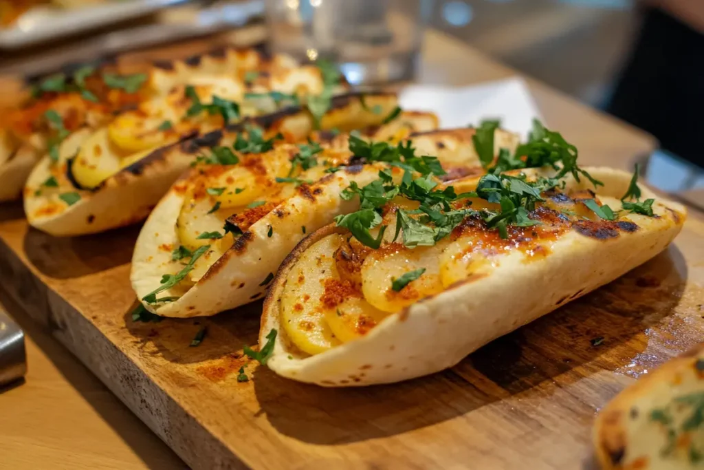 Four open-faced tacos topped with potatoes, herbs, and spices sit on a wooden board.