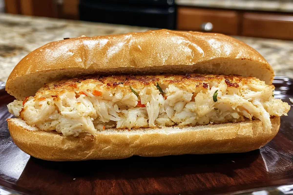 A crab cake sandwich on a toasted long roll sits on a dark plate.