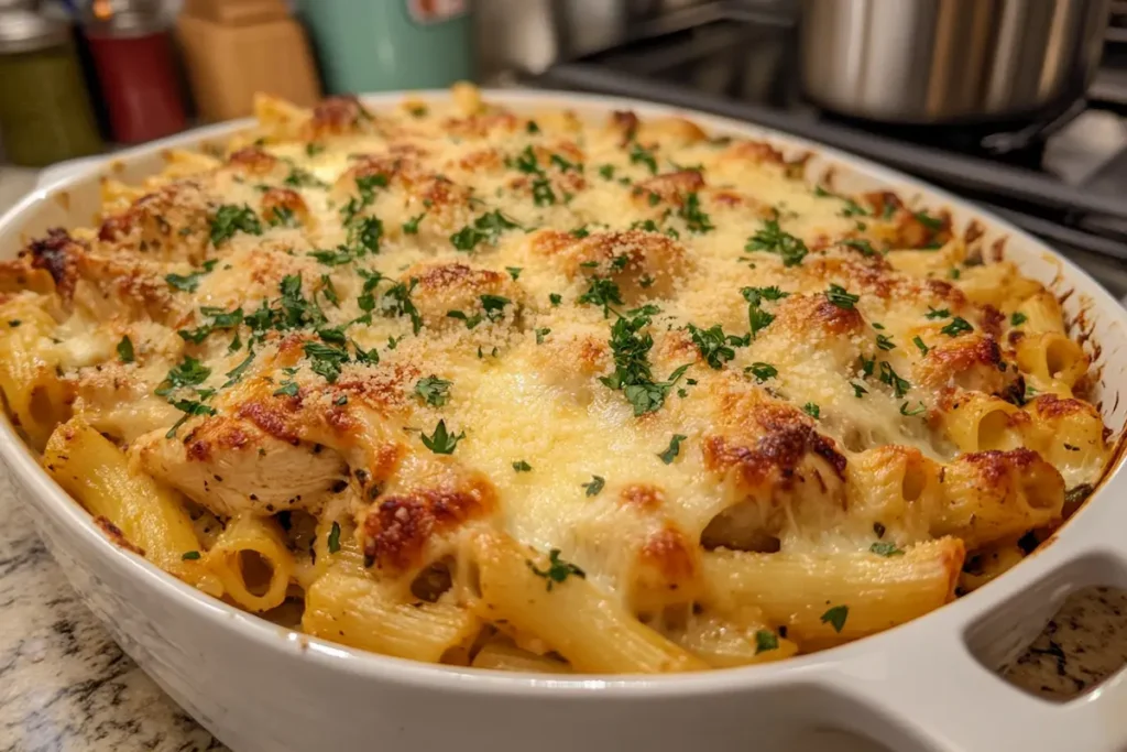 A cheesy chicken and pasta bake topped with fresh parsley sits in a white casserole dish.