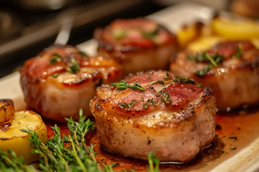 Bacon-wrapped pork tenderloin medallions are seared and served with roasted potatoes and fresh thyme.