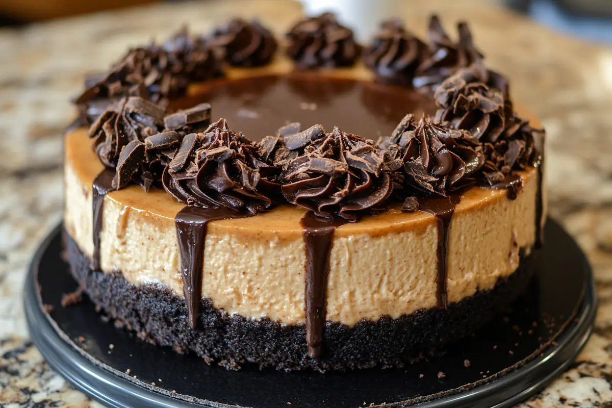 A peanut butter cheesecake with chocolate ganache, chocolate shavings, and piped chocolate rosettes sits on a black cake board.