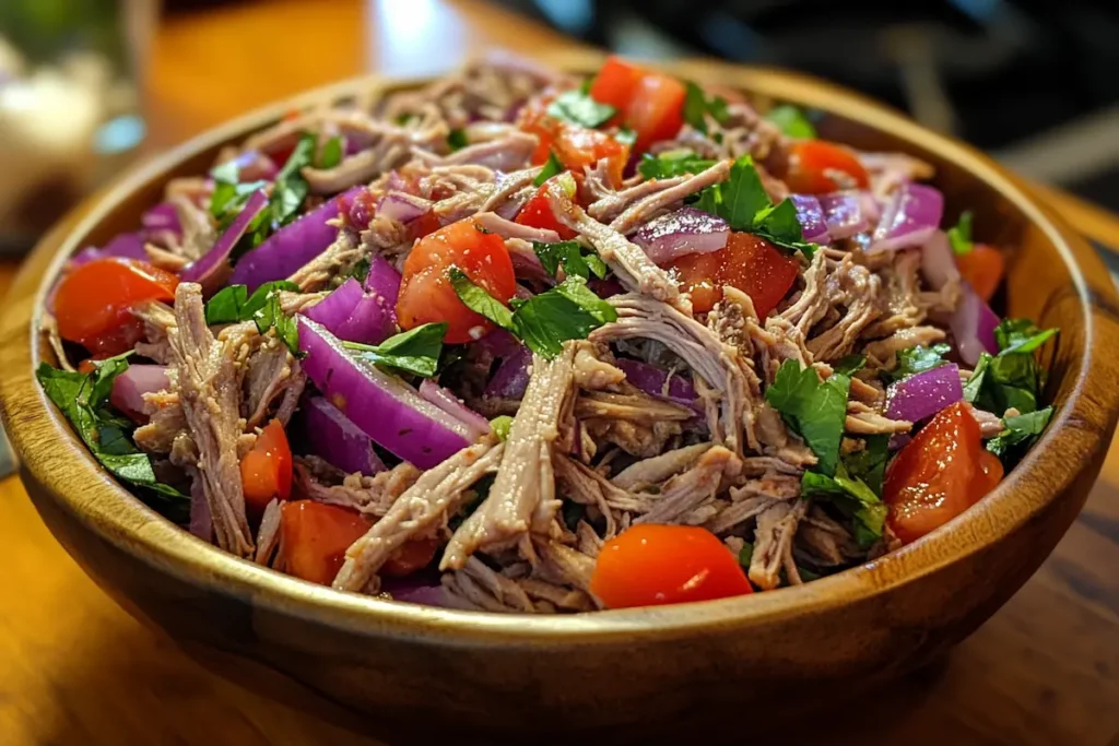 A wooden bowl is filled with shredded meat, chopped red onions, halved cherry tomatoes, and chopped parsley.