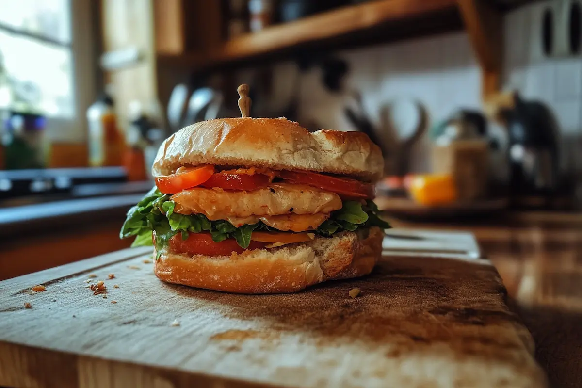 A chicken burger with lettuce and tomato sits on a wooden cutting board.