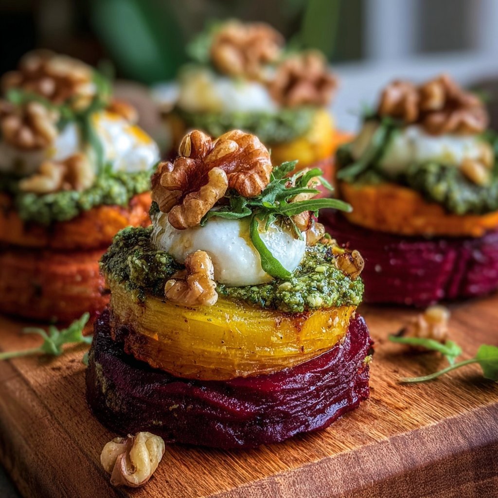 Sweet Potato and Beet Stacks with Pesto, Burrata, and Walnuts