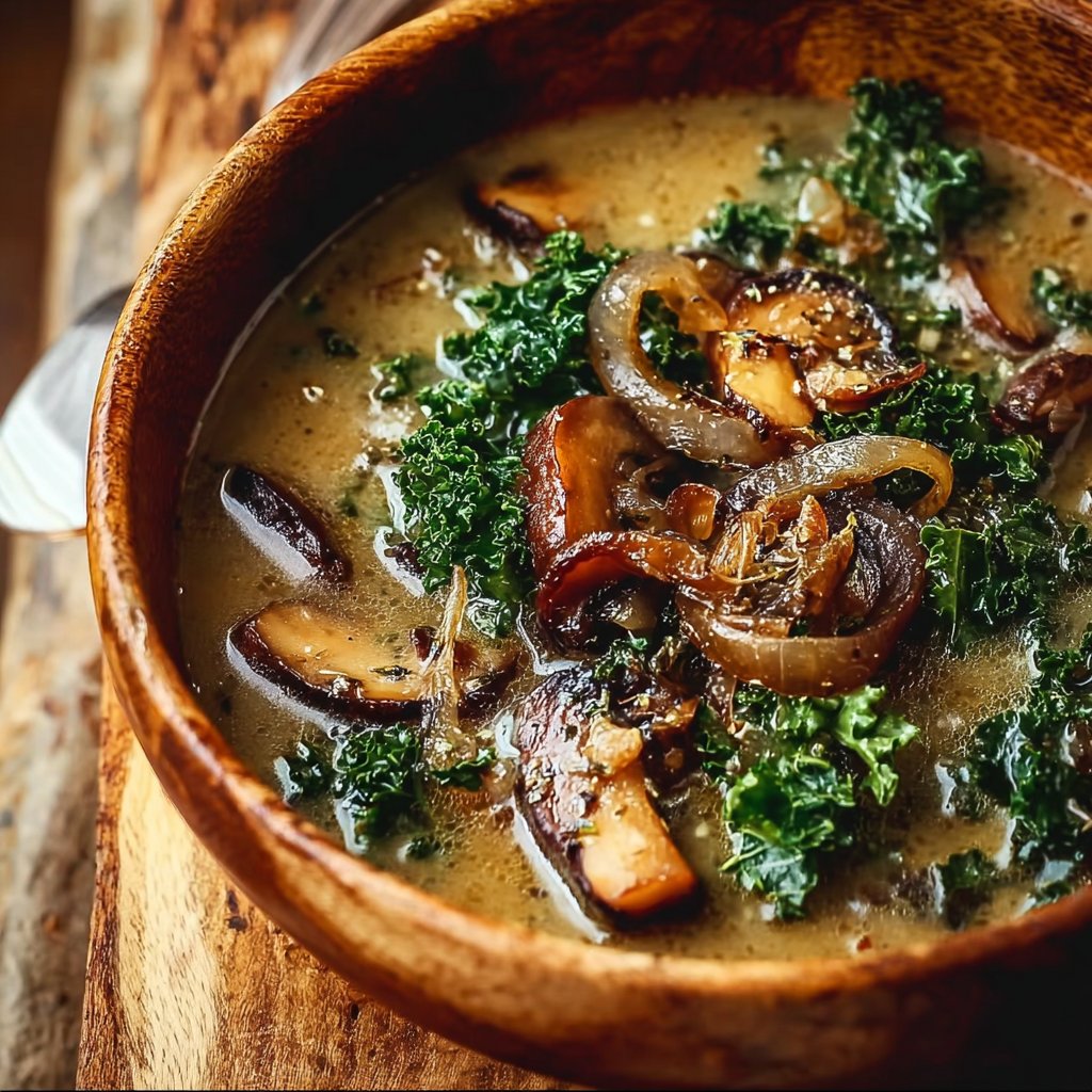 Simple Wild Mushroom, Caramelized Onion and Kale Soup