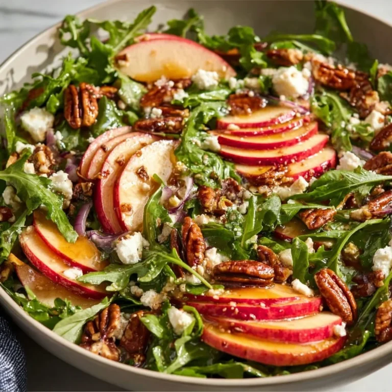 Delicious Apple Arugula Salad with Maple Pecans garnished with fresh ingredients