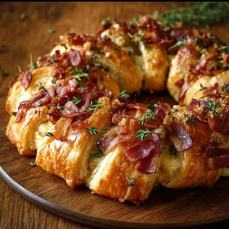 Bacon Brie Crescent Wreath topped with crispy bacon and melted brie cheese