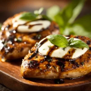 Balsamic baked chicken breast served with fresh vegetables on a plate