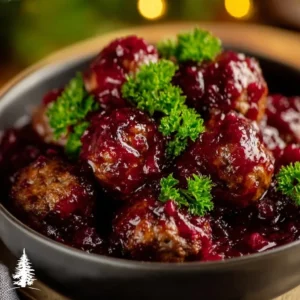 Plate of delicious Christmas cranberry meatballs garnished with herbs