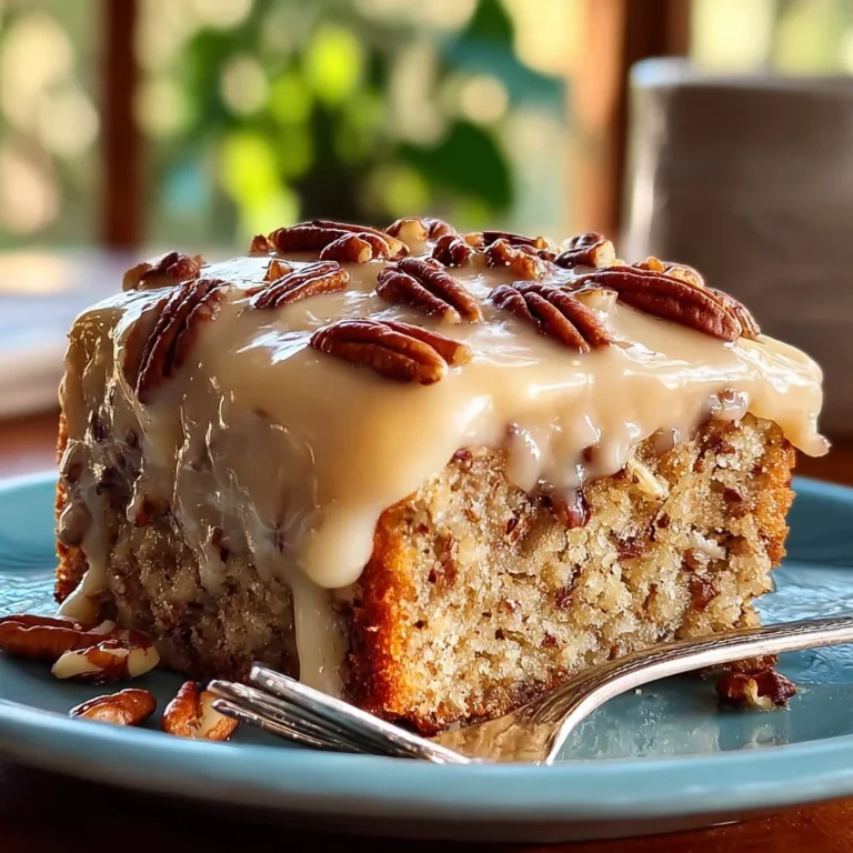 Delicious Butter Pecan Praline Poke Cake topped with creamy frosting and pecans.