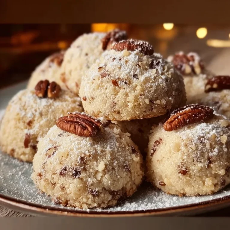 A plate of buttery Pecan Snowball Cookies dusted with powdered sugar