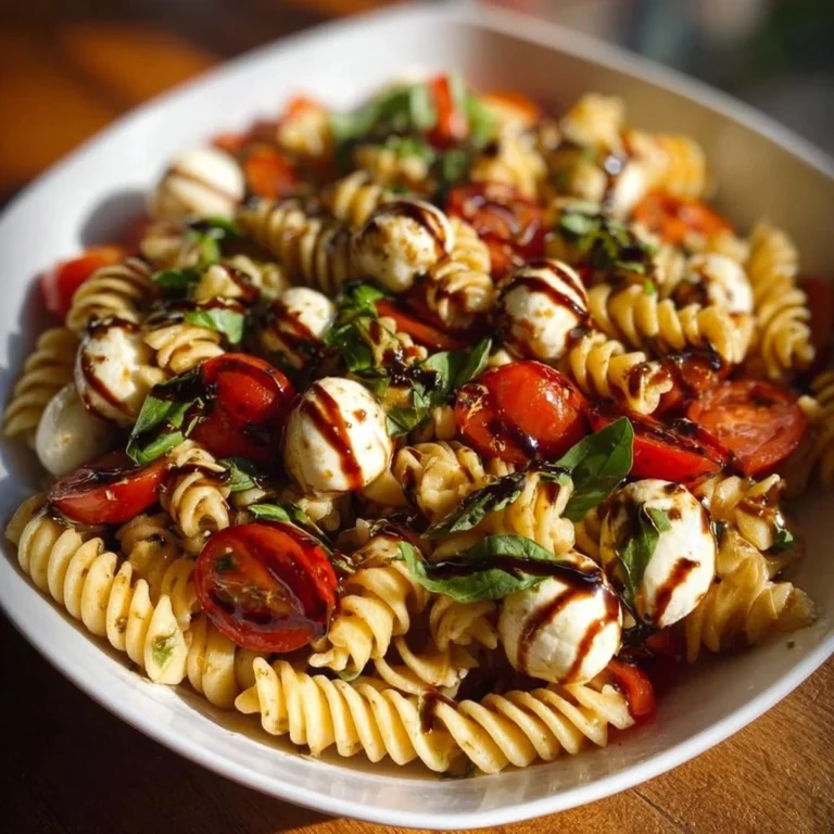 A vibrant Caprese Pasta Salad drizzled with balsamic glaze, featuring tomatoes, mozzarella, and basil.