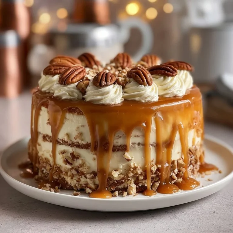Caramel Butter Pecan Praline Poke Cake topped with caramel sauce and pecans