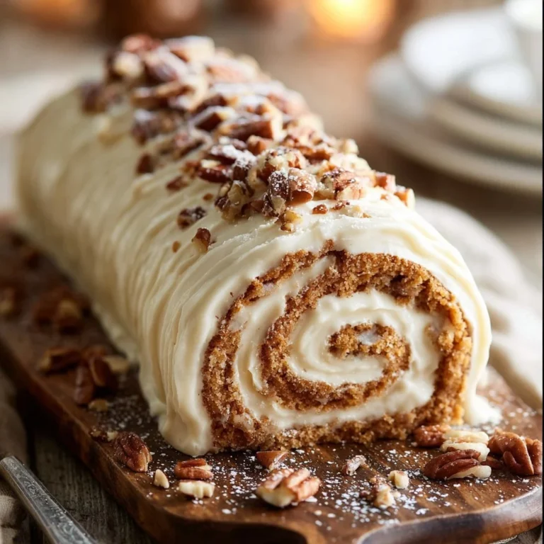 Slice of carrot cake roll with cream cheese frosting on a plate