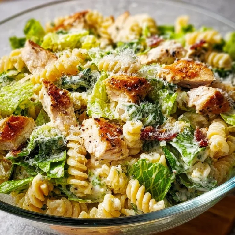 Delicious Chicken Caesar Pasta Salad with chicken, romaine lettuce, and dressing