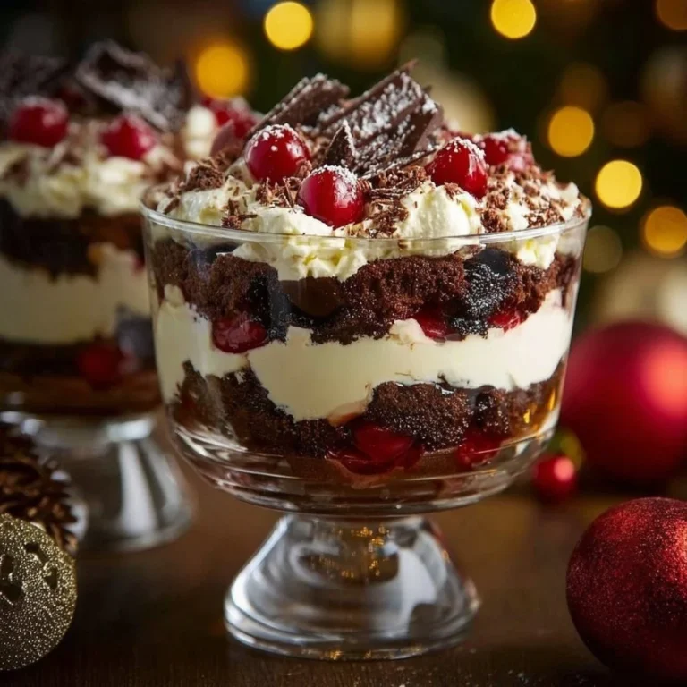 A festive Christmas Black Forest Trifle layered with chocolate, cherries, and cream.
