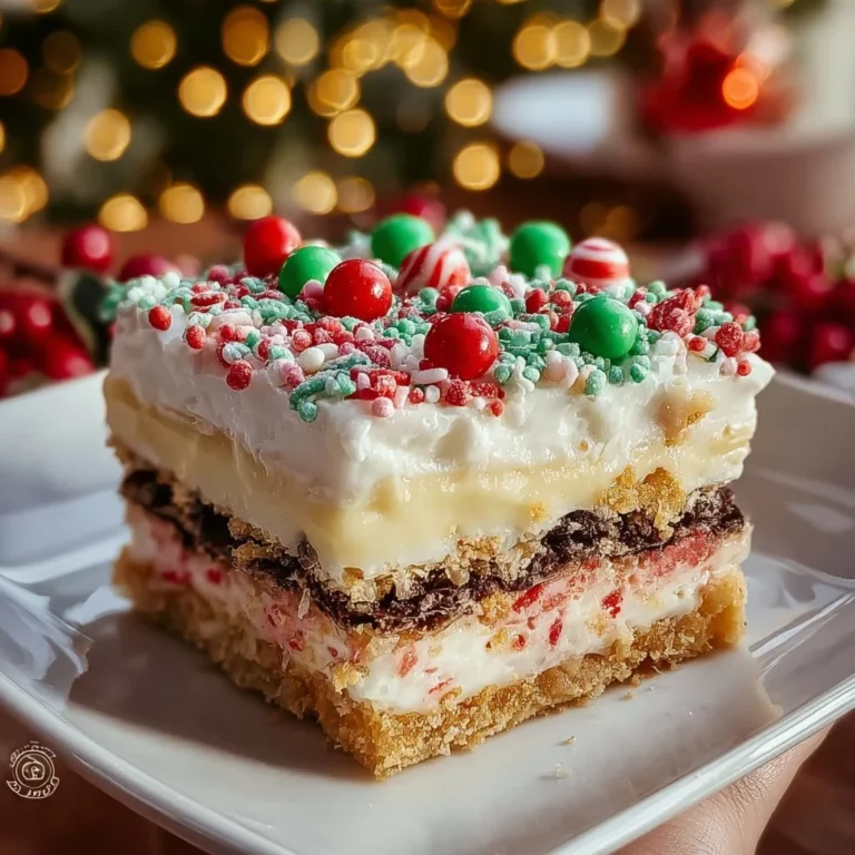 Delicious Christmas Dessert Lasagna served in a festive dish.