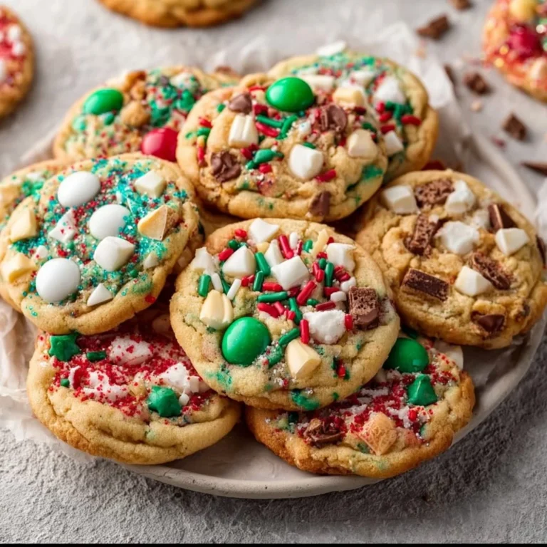 Colorful Christmas Kitchen Sink Cookies with festive decorations and treats