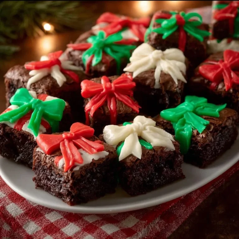 Delicious Christmas Present Brownies decorated for the holiday season.