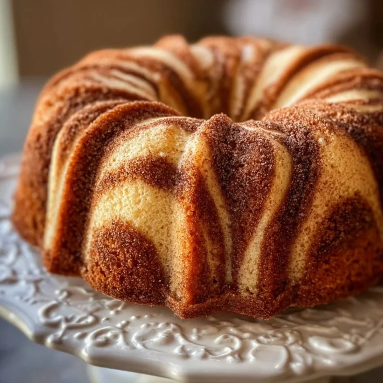 A delicious Cinnamon Swirl Bundt Cake on a decorative plate.