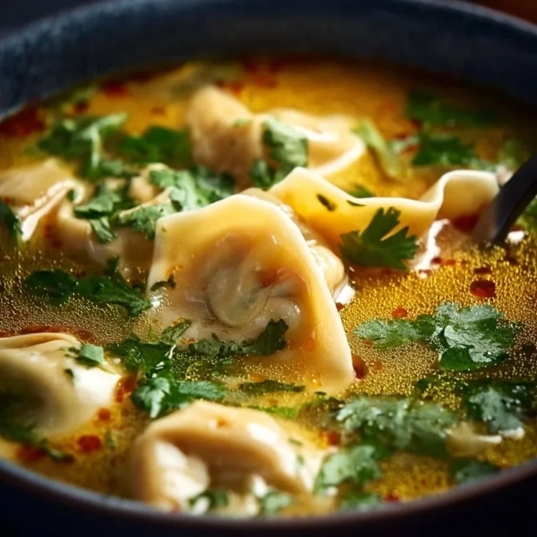Bowl of cozy Thai Potsticker Soup with potstickers and herbs