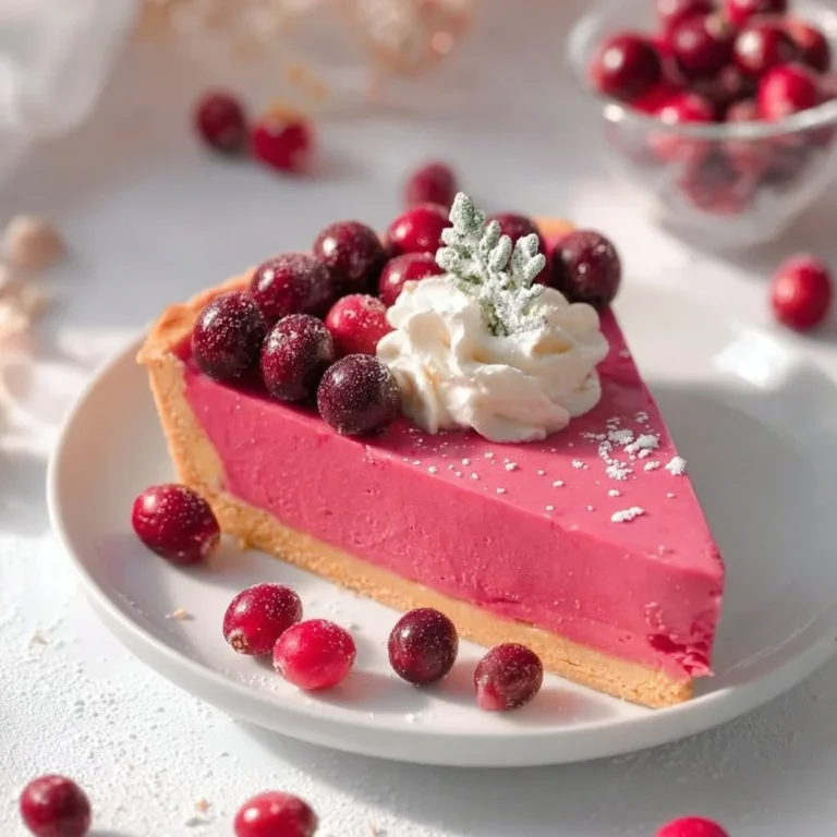 Delicious cranberry custard pie topped with fresh cranberries on a rustic plate.