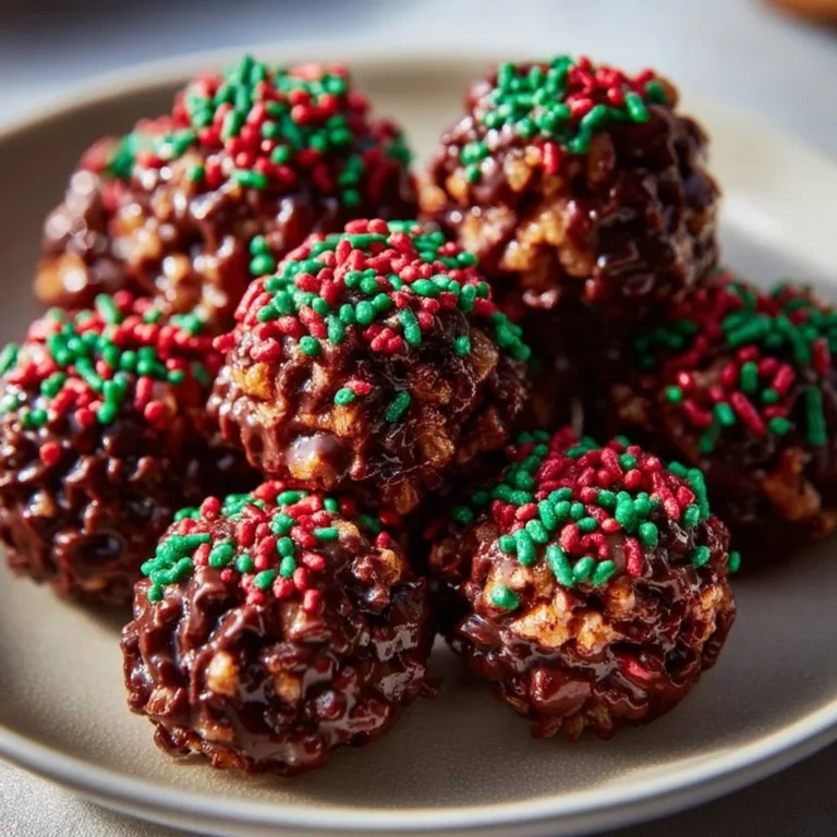 Decadent Christmas chocolate rice krispie balls arranged on a festive platter.