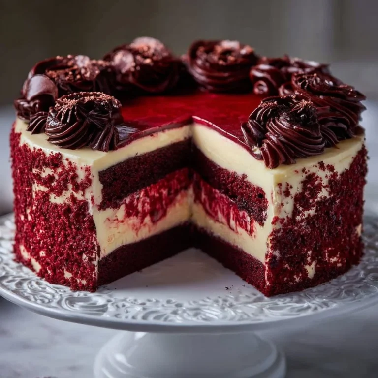 Decadent red velvet cheesecake layer cake with cream cheese frosting