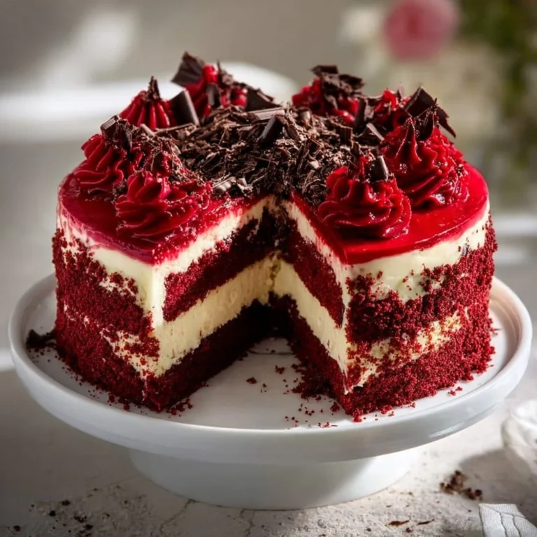Decadent red velvet cheesecake layer cake with cream cheese frosting and vibrant color.