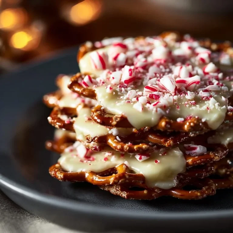 Homemade white chocolate peppermint pretzel crisps on a plate