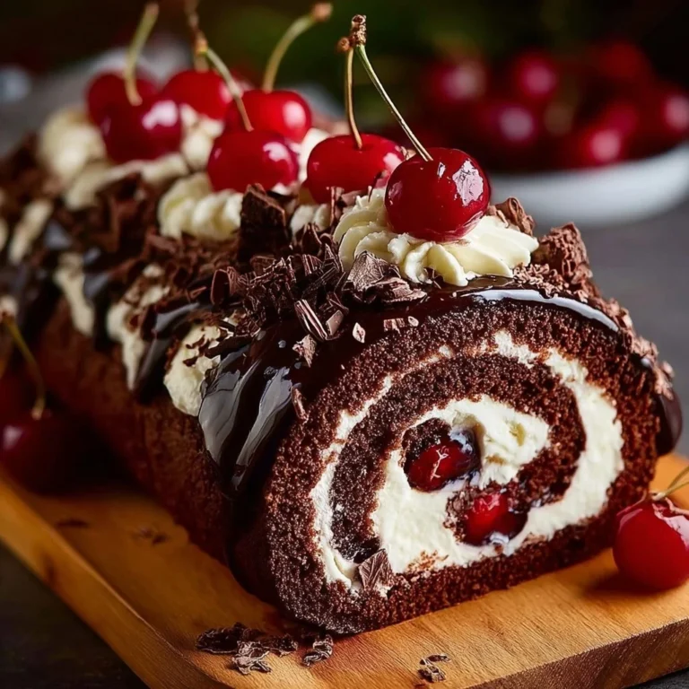 Elegant Black Forest Cake Roll with chocolate, whipped cream, and cherries.