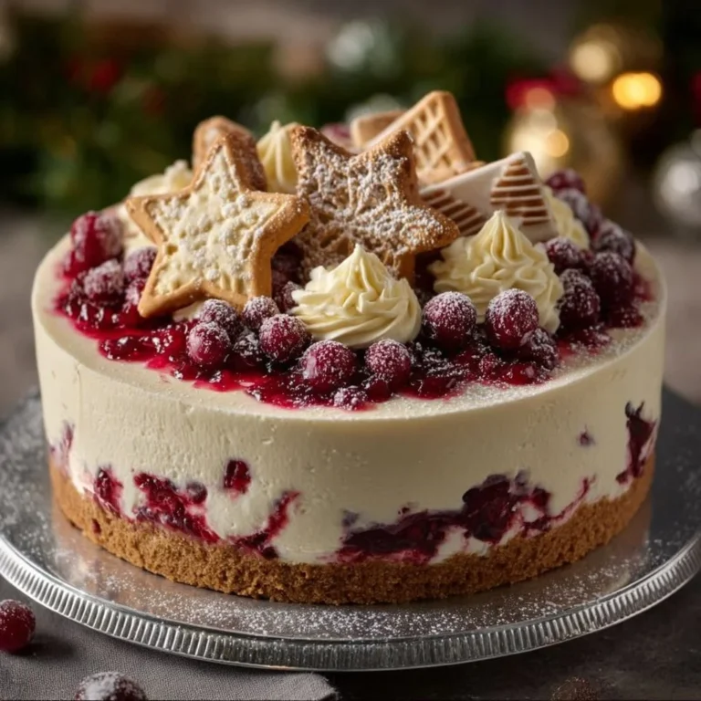 Festive Christmas cheesecake with cranberry jam and white chocolate mousse topping