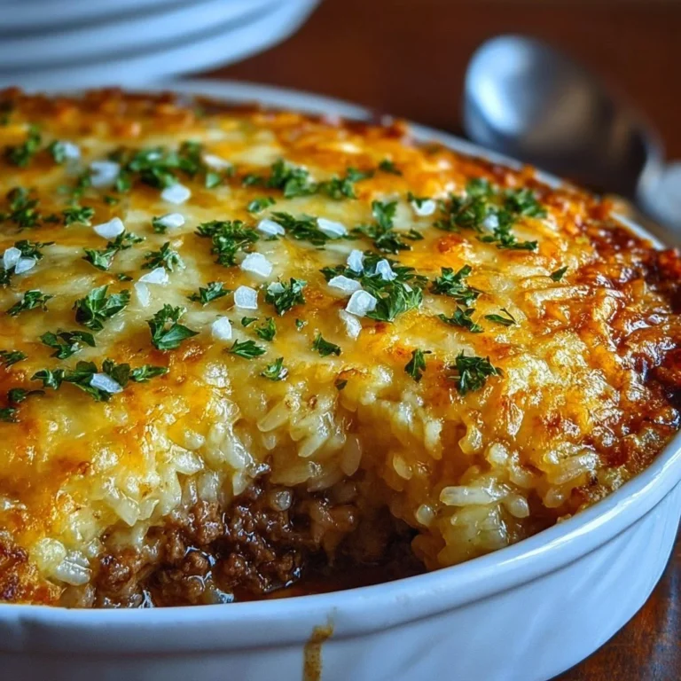 Delicious French onion ground beef and rice casserole topped with melted cheese