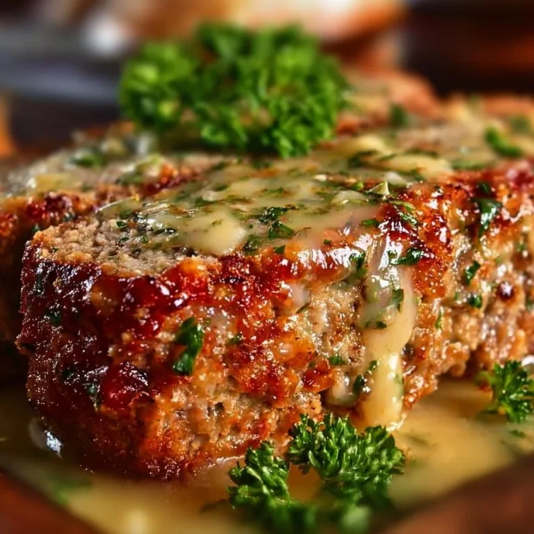 Delicious Garlic Parmesan Meatloaf served on a plate with garnish