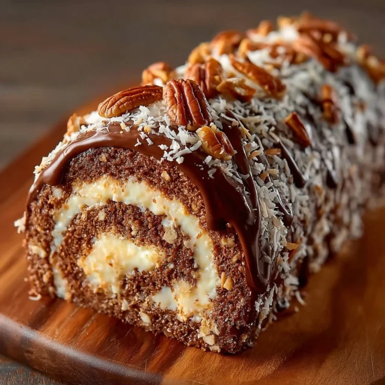 Delicious German Chocolate Cake Roll sliced on a white plate