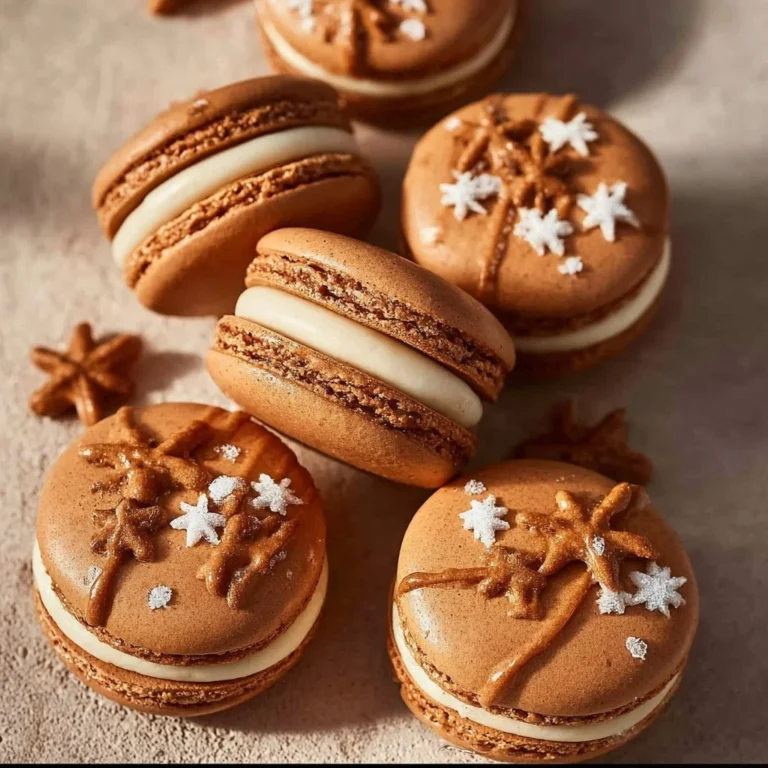 A plate of gingerbread macarons decorated with festive icing.