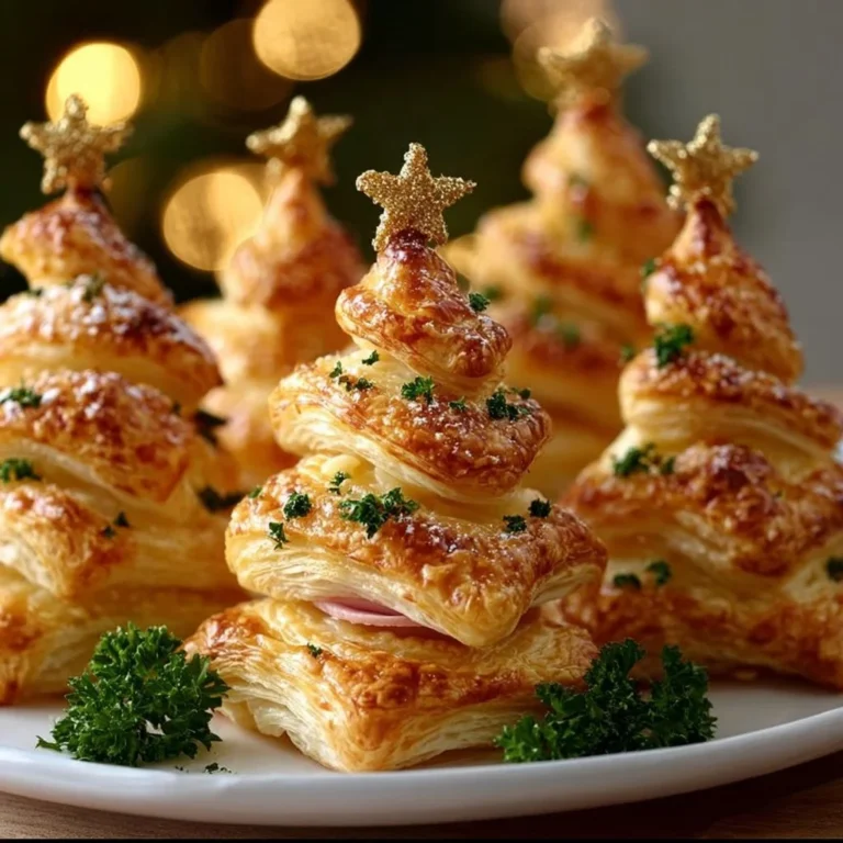 Ham and cheese puff pastry Christmas tree appetizers on a platter