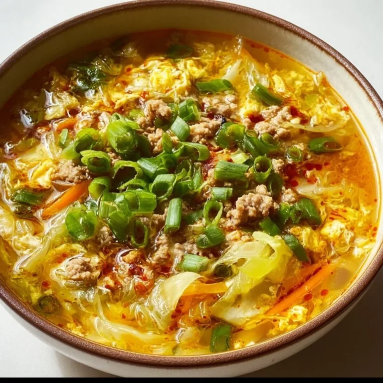 Bowl of hearty one-pot egg roll soup with vegetables and herbs
