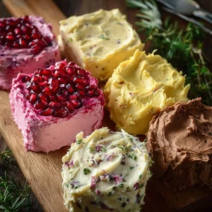 Variety of homemade butter spreads in small dishes on a wooden table